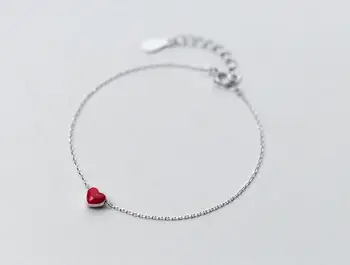 1 adet 100 % Gerçek. 925 Ayar Gümüş Takı Kırmızı Emaye Kalp charms Zincir Bilezik C-S1560