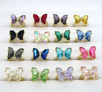 10 Adet cam kristal kelebek yüzük, altın kaplama ayarlanabilir Yüzük takı Kadınlar İçin Doğum Günü Noel Hediyesi R198