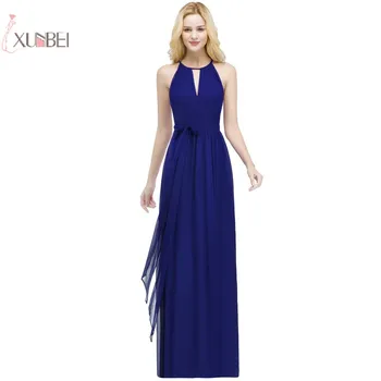 2019 Kraliyet Mavi Şifon Uzun balo kıyafetleri Kolsuz Balo elbisesi vestidos de gala
