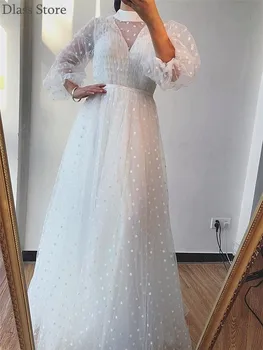 2020 Simple Evening Dress Long Full Sleeves A-line Floor Length High Neck Pure White Elegant Prom Dress платье на выпускной