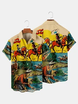 2021 Erkekler Kısa Kollu Giyim Düğmeleri Gömlek Hawaii Erkek Gevşek Kovboy Yağlıboya Plaj Gömlek