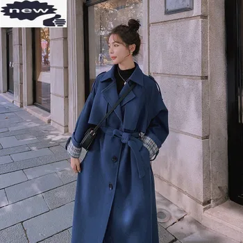 2021 Sonbahar Kış Giyim Ofis Bayan Yün Ceket Kore Moda Gevşek Tek Göğüslü Kemer Yün Karışımları Siper Kadın Palto