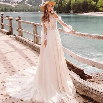 2021 Zarif Prenses Şifon Plaj gelinlikler A-line Halter Ucuz Dantel düğün elbisesi Resmi Vestido De Novia Yeni