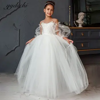 2022 Beyaz Uzun Kollu Çiçek Kız Elbise Düğün İçin Tül Aplikler Bow İlk Communion Örgün Parti Kıyafeti Vestidos De Novia
