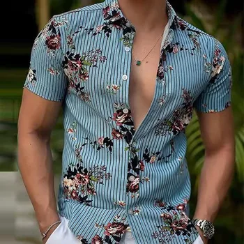 2022 Yaz erkek Gevşek Çizgili Çiçek Gömlek Moda Rahat Nefes Rahat Yüksek Kaliteli Hawaii Trend Gömlek