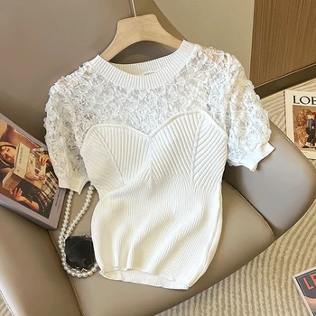 2022 yazlık gömlek Kadınlar için Tatlı 3D Çiçek Dantel Tığ İçi Boş Yama İnce İnce Buz İpek Beyaz T Shirt Vahşi Siyah Kazak