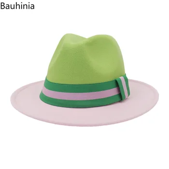 2022 Yeni Varış Yeşil ve Pembe Patchwork Geniş Ağız Caz fötr şapkalar Moda Kadın Yün Keçe Düğün Resmi Şapka