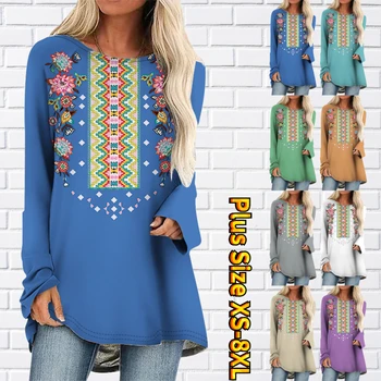 2022 Yeni Vintage Üstleri kadın Yuvarlak Yaka Moda T-shirt İnce Kazak Sonbahar Kış Günlük Sokak Çiçek Baskı Tee Gömlek