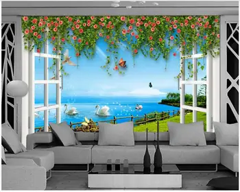 3d duvar kağıdı özel fotoğraf Beyaz pencere asma çiçekler mavi gökyüzü göl su kuğu odası dekor 3d duvar resimleri duvar kağıdı duvarlar için 3 d