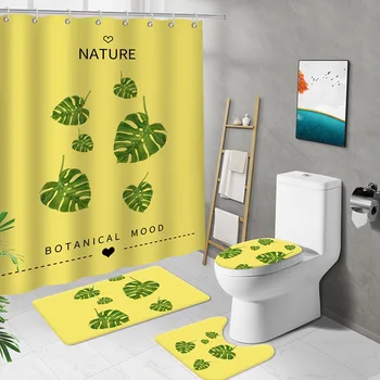 3D Yeşil Yapraklar Duş perde seti Kilim Tropikal Palmiye Yaprakları Duş Perdesi Hawaii Monstera Yaprak banyo perdesi Halı
