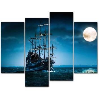 4 Adet Korsan Gemisi Viking Okyanus Deniz Manzarası Dolunay Gece duvar sanatı tuval Poster Resimleri Resimleri için Oturma Odası Ev dekor