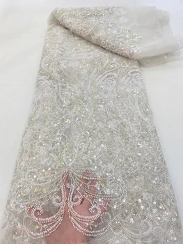 (5 yards / pc) yüksek kaliteli işlemeli Afrika düğün tül dantel kumaş boncuk ve sequins Fransız net dantel parti elbise için FRX132