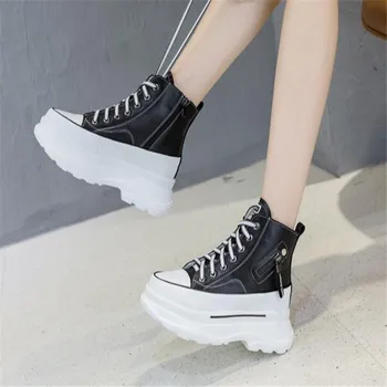 7 cm Yüksek kalite moda Kadın Ayakkabı Deri Yüksek Üst Düz Rahat Moda Marka Rahat Çift Ayakkabı Sneakers Bahar Sneakers