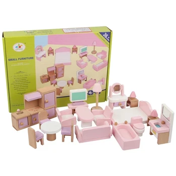 Ahşap Dollhouse mobilya seti 22 Adet Oturma Odası Yatak Odası Banyo Mutfak Aksesuarları Oyuncak Oyna Pretend Kızlar için Hediyeler