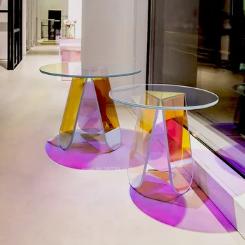 Akrilik Yan Tasarım Sehpa Şeffaf Küçük Yuvarlak Ayna Şeffaf Yan Masa Renkli Cam PMMA Salon Kahve Ev Mobilyaları