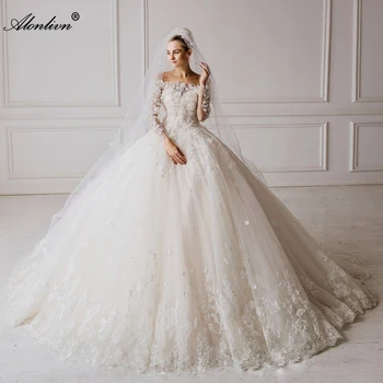Alonlivn Zarif Uzun Kollu düğün elbisesi Büyüleyici Boncuk 3D Aplikler Kapalı Omuz Gelinlikler Vestido De Novia
