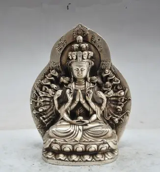 Ayrıntılı Çin Tibet Gümüş Budizm Fane 1000 arms Kwan-Yin Guan Yin Bodhisattvası buda heykeli