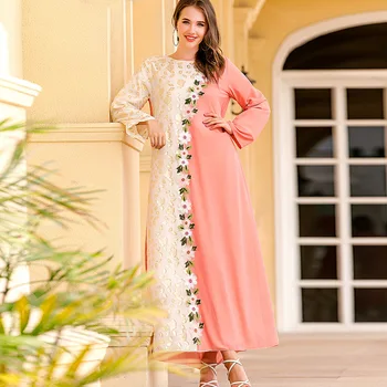 Bahar Zarif Elbise Kadınlar Casual Uzun Kollu Ofis Bayan Pist Tasarımcıları Yüksek Moda Nakış Çiçekler Pembe Beyaz Sonbahar