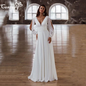 Basit düğün elbisesi Kadınlar için Gelin 2023 Uzun Kollu V Yaka Backless Plaj gelin kıyafeti Vestido De Noiva Robe Mariee