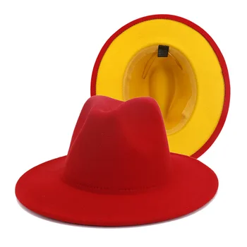 Basit Kadın Erkek Dış Kırmızı İç Sarı Yün Keçe Caz İki Ton Fedora Şapka Vintage İngiliz Tarzı Geniş Brim Panama Kap