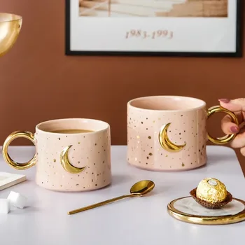 Basit ve zarif seramik kupa 300 ml altın kolu yaratıcı Süt Kahve Fincanı Ev Ofis Yıldız zarif seramik çift hediye