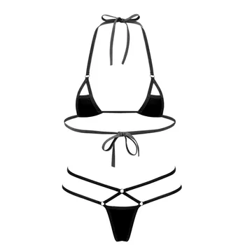 Bayan Erotik Seksi Bikini İç Çamaşırı Takım Elbise Strappy Mikro Mini Mayo Lace Up Halter Boyun sutyenler Strappy T-geri Külot İç Çamaşırı
