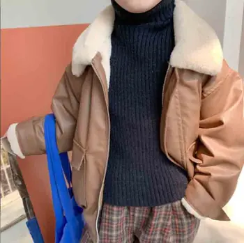 Bebek Kız Çocuk Sonbahar Kış Kalınlaşmak Sıcak PU Deri Uzun Kollu Ceketler Mont Çocuk Moda Casual Kabanlar Tops Giyim
