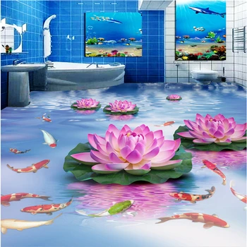 BEİBEHANG Özel zemin dokunmamış kumaş duvar kağıdı güzel lotus çiçeği su sazan tuvalet yatak odası 3D zemin