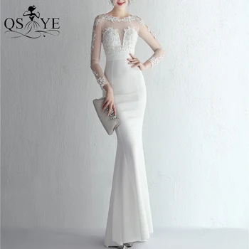 Beyaz Gelinlik 2022 Uzun Kollu Elastik Scoop Boyun Mermaid gelin kıyafeti Kadın Aplikler Dantel Gelin Düğün Evlilik Elbisesi