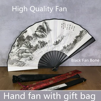 Büyük Beyaz Mürekkep manzara İpek El Fan Dekorasyon Erkekler Çin yelpaze Yüksek Kalite Vintage Geleneksel El Sanatları Bambu Fan
