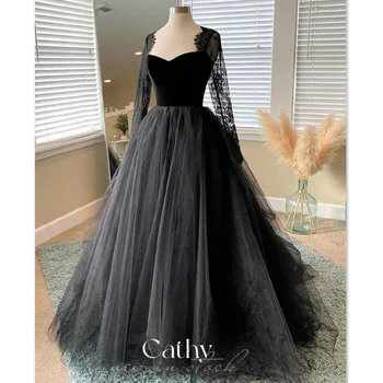 Cathy Gotik Siyah Dantel A-line düğün elbisesi 2023 Dantel Uzun Kollu Gelin Elbise Siyah Tül Sweep Tren Vestidos De Novia