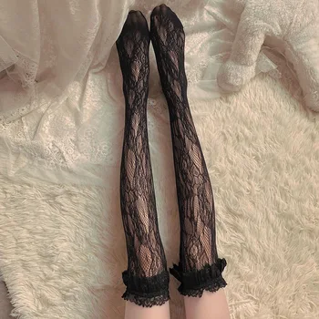 Dantel kesik dekolte diz üstü çorap Kadın Lolita Seksi Cos Çorap Kawaii Kız Örgü Fishnet Uyluk Çorap Uzun Tüp Çorap