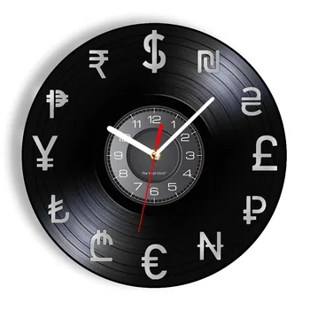 Dünya Para Birimi Sembolü Para Vinil Kayıt duvar saati Finansal Ekonomi Şirketi Ofis Dekor Para Işareti Eğitim Duvar Sanatı Saati