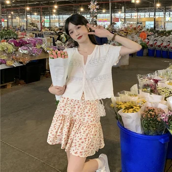 Etekler Bayan Retro Çiçek Lotus Yaprağı Etek Kadın Yaz Yeni Kore Versiyonu Yüksek belli İnce Tüm Maç A-line Etek