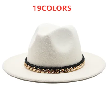 Fötr şapka Şapka Erkekler Kadınlar Jzz Şapkalar Beyefendi Pamuk Kış Siyah Beyaz Sarı Geniş Ağız Demir Zincir silindir şapka Chapeau Femme 19 renk