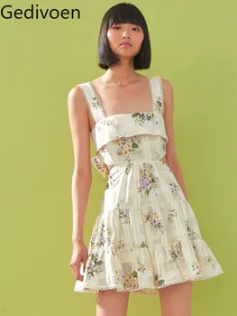 Gedivoen Yüksek Kalite Yaz Kadın Moda Pist Mini Elbise Seksi Spagetti Kayışı Yay Yüksek Bel Çiçek Baskı Fırfır Etek Elbiseler