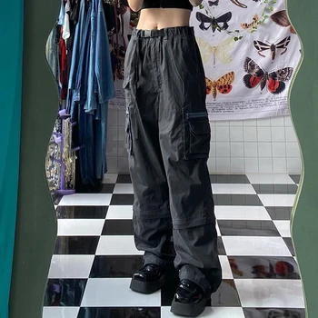 Gevşek Gri Grunge Kargo pantolon Kadınlar Yüksek Bel Cepler Patchwork Streetwear Hip Hop pantolon Y2K Estetik Baggy Erkek Arkadaşı