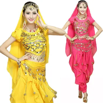 Gösterisi 4 adet Set oryantal dans kostümü Bollywood Kostüm Hint Mısır Oryantal Dans Elbise Bayan Oryantal dans kostümü Setleri Mısır