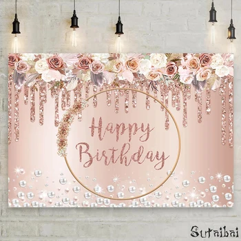 Gül Altın Mutlu Doğum Günü Zemin Glitter İnci Arka Plan Fotoğraf Arka Planında Kadınlar için Kız Doğum Günü Partisi Dekorasyon