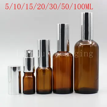 Gümüş Sprey Pompalı Kahverengi Cam Şişe, Boş Kozmetik Kabı, Parfüm / Toner / Su Altı şişeleme (15 adet / grup )