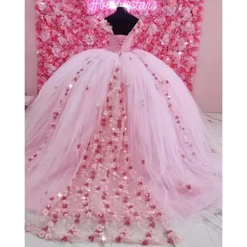 Güzel Pembe balo elbisesi Quinceanera Elbiseler Tatlı Kız Boncuk Payetli Aplikler Sevgiliye 3D Çiçekler Vestidos De Fiesta