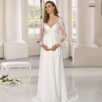 Hamile Kadın düğün elbisesi Şifon Uzun Kollu Kat Uzunluk V Yaka gelinlikler hamile danteli Aplikler Robe De Mairee Özel