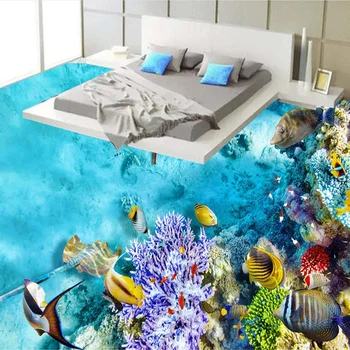 Herhangi Bir Boyut özelleştirmek Sualtı Dünyası Mercan Balık Oturma Odası 3D Zemin duvar PVC Kendinden yapışkanlı Su Geçirmez banyo için duvar kağıdı