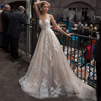 HUNXIU Zarif Kolsuz düğün elbisesi A-Line Aplike Chic Backless Düğme Gelin Resmi Mariage Kilise Önlük Elbise
