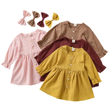 Ilkbahar Sonbahar Çocuk Elbise Kız 0-4 Yıl Çocuk Bebek Kırsal Pamuk Ve Keten Düğmeler Uzun Kollu rahat elbise Kızlar İçin