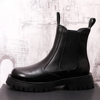 Ingiltere tarzı erkekler rahat chelsea çizmeler ınek deri ayakkabı siyah platformu bottine sıcak kürk kış kar botas masculinas chaussures