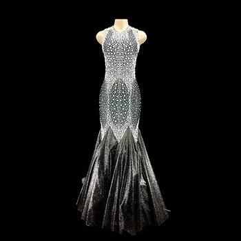 Işıltılı Kristaller Lüks Mermaid Abiye Şarkıcı uzun Parti elbise sahne gösterisi balo kıyafetleri