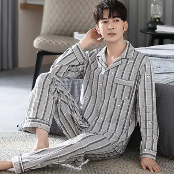 İlkbahar Sonbahar Yeni Erkek Uzun Kollu Pamuklu Gecelik Gevşek Rahat Konfor İki Parçalı Set Pijama Pijama Kıyafeti