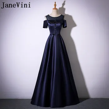 JaneVini Vestidos Vintage Lacivert anne Gelin Elbiseler Artı Boyutu 2018 Saten Bir Çizgi Boncuk Kat Uzunluk Robe Arabe Longue