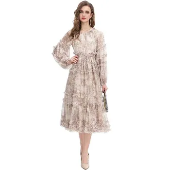 Janeyiren podyum Elbise Sonbahar / Kış Fener Kollu peplum çiçek Baskı tatil Parti vintage elbise